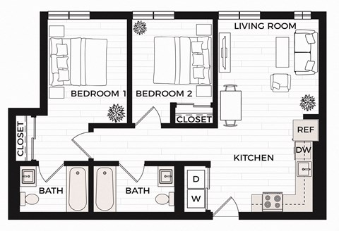 Floor plan for 2 beds, 2 baths, 848 sqft